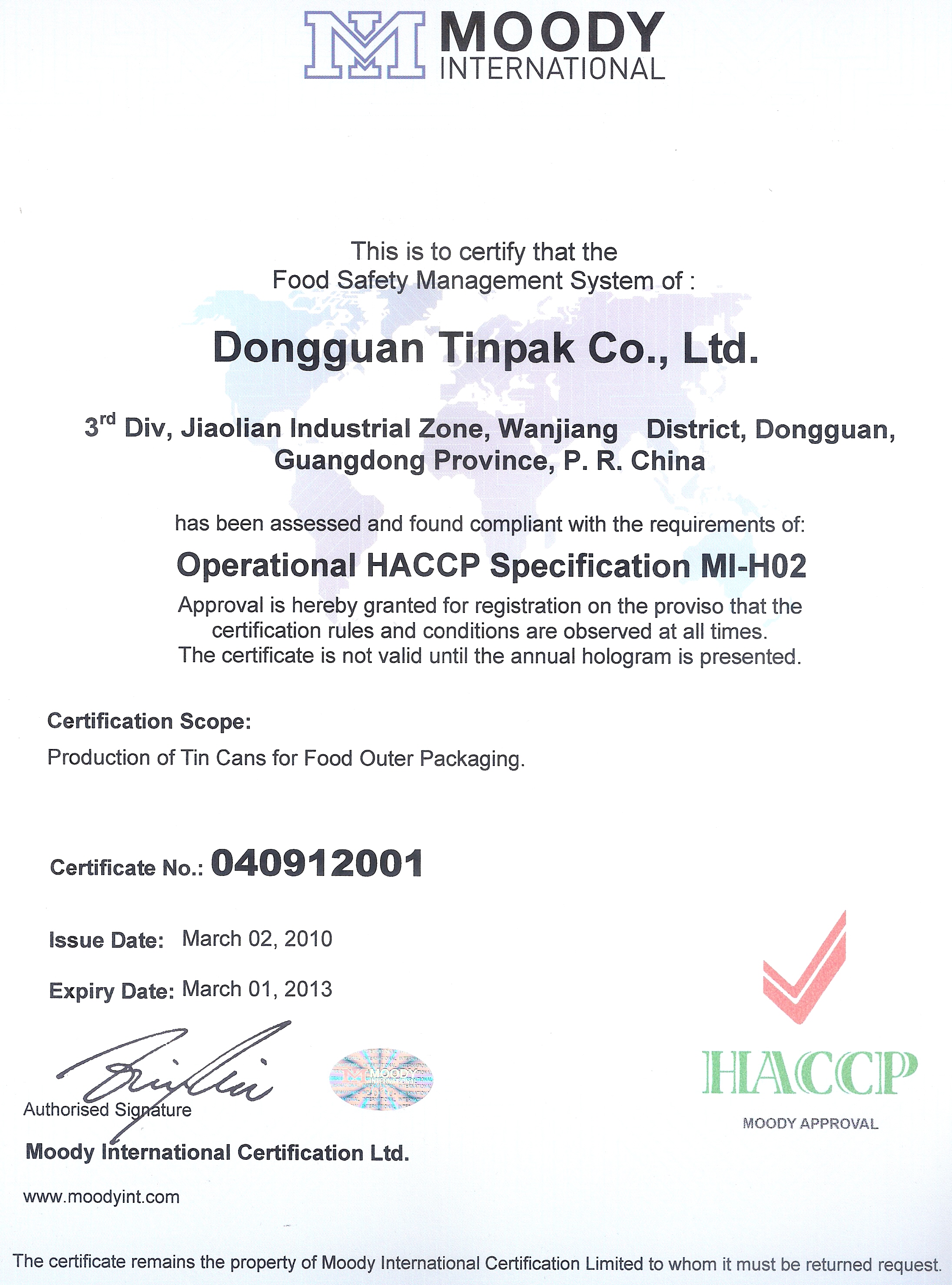 HACCP certified tin box company